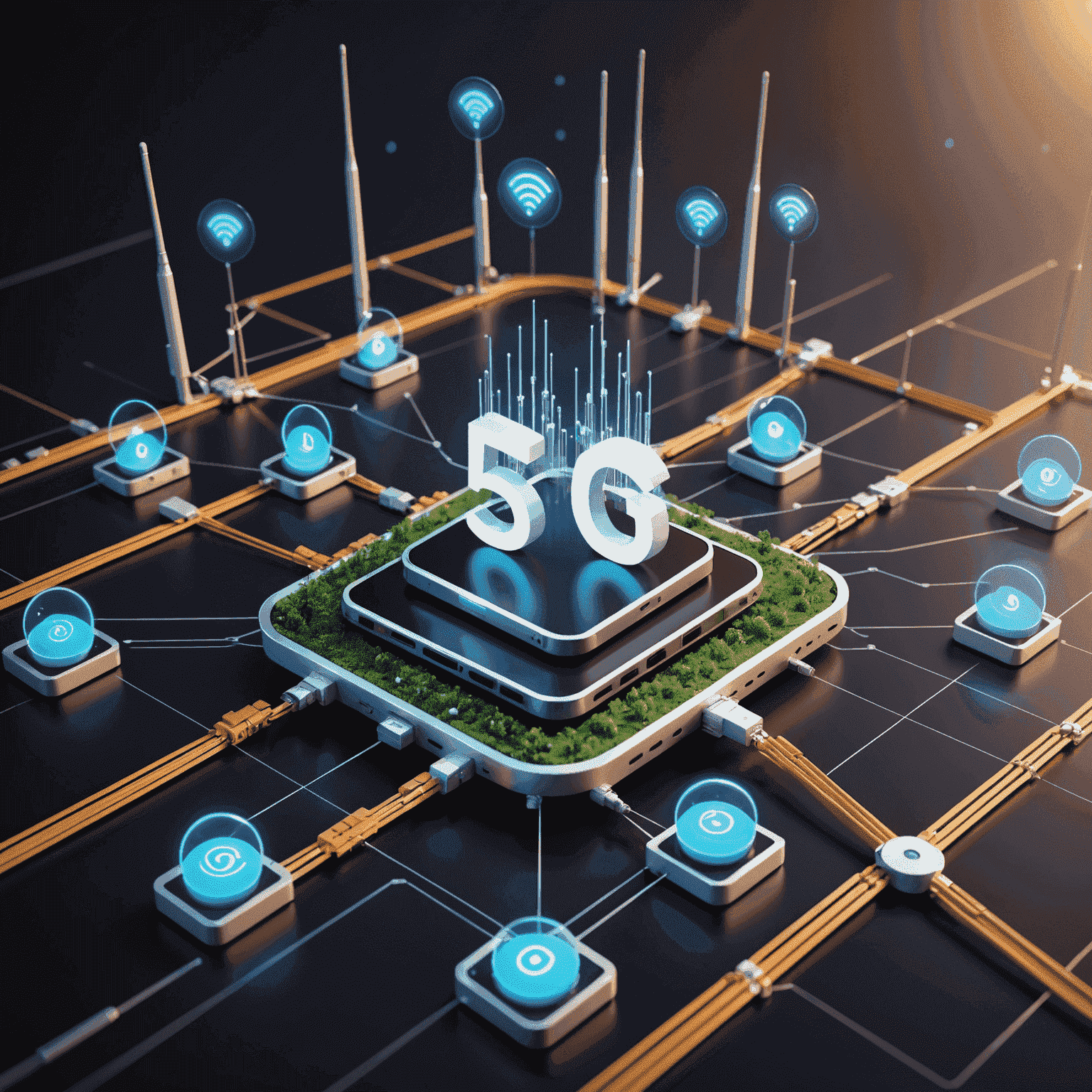 صورة توضيحية لتقنية الجيل الخامس 5G مع هوائيات وأجهزة محمولة متصلة بشبكة عالية السرعة