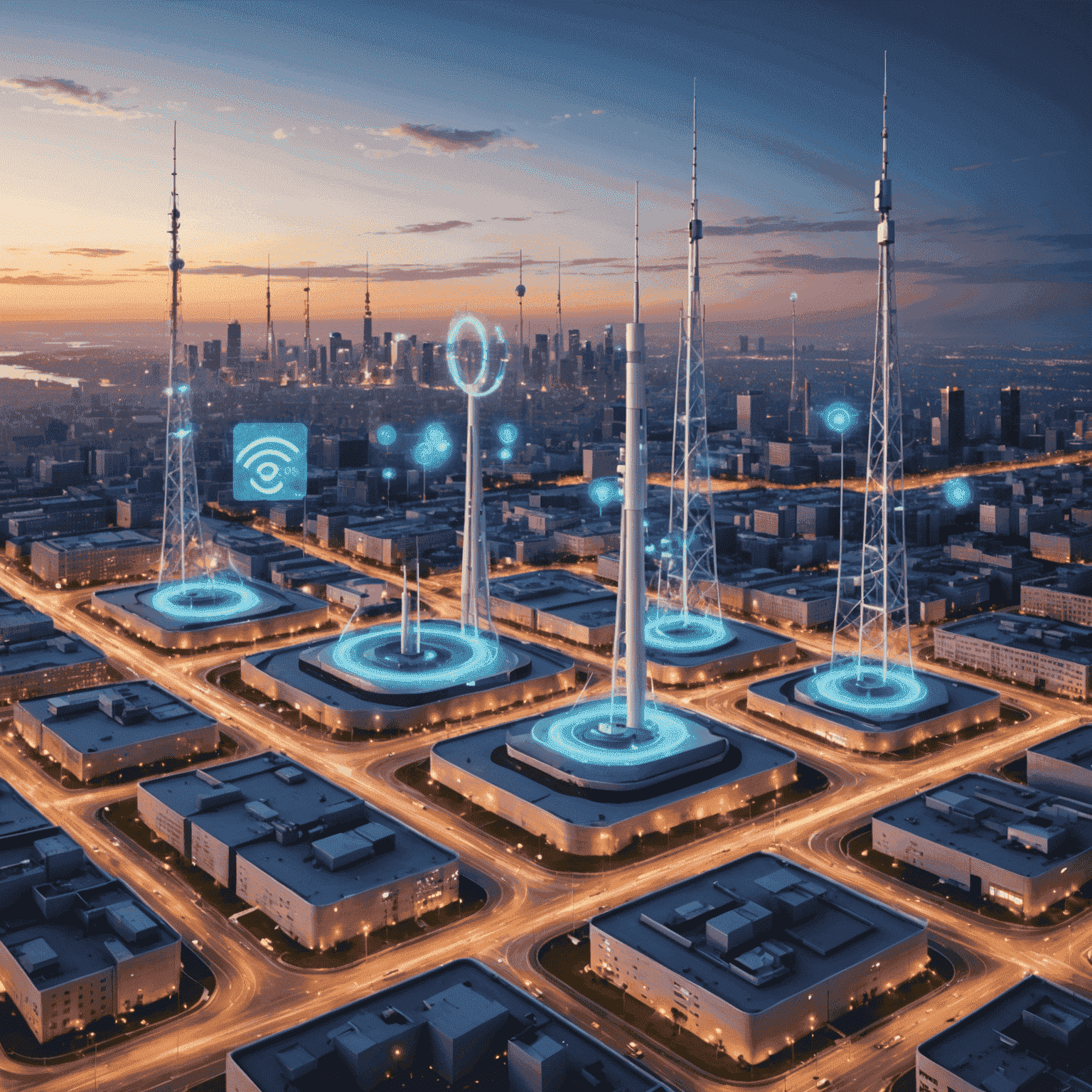 صورة توضيحية لشبكة الجيل الخامس 5G مع أبراج اتصالات وأجهزة ذكية متصلة