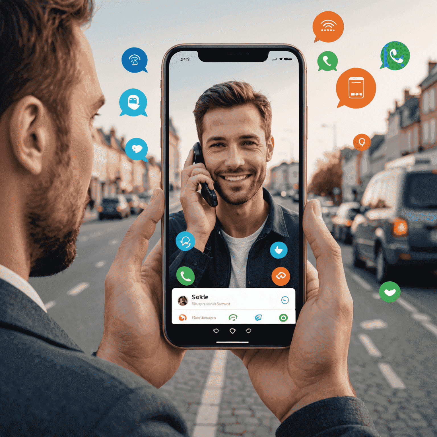 صورة توضيحية لخطة المكالمات الفردية تظهر شخصًا يستخدم هاتفًا ذكيًا مع رموز للمكالمات والرسائل حوله