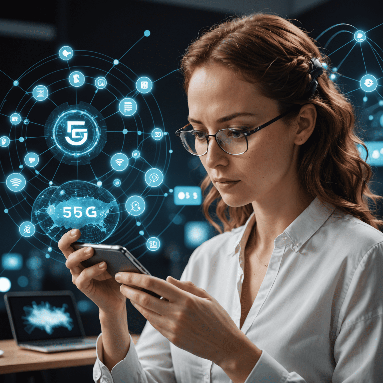 صورة لشخص يستخدم هاتفًا ذكيًا للاتصال بالإنترنت عبر شبكة 5G، مع رسوم بيانية تظهر سرعات التحميل العالية وإشارات قوية للشبكة